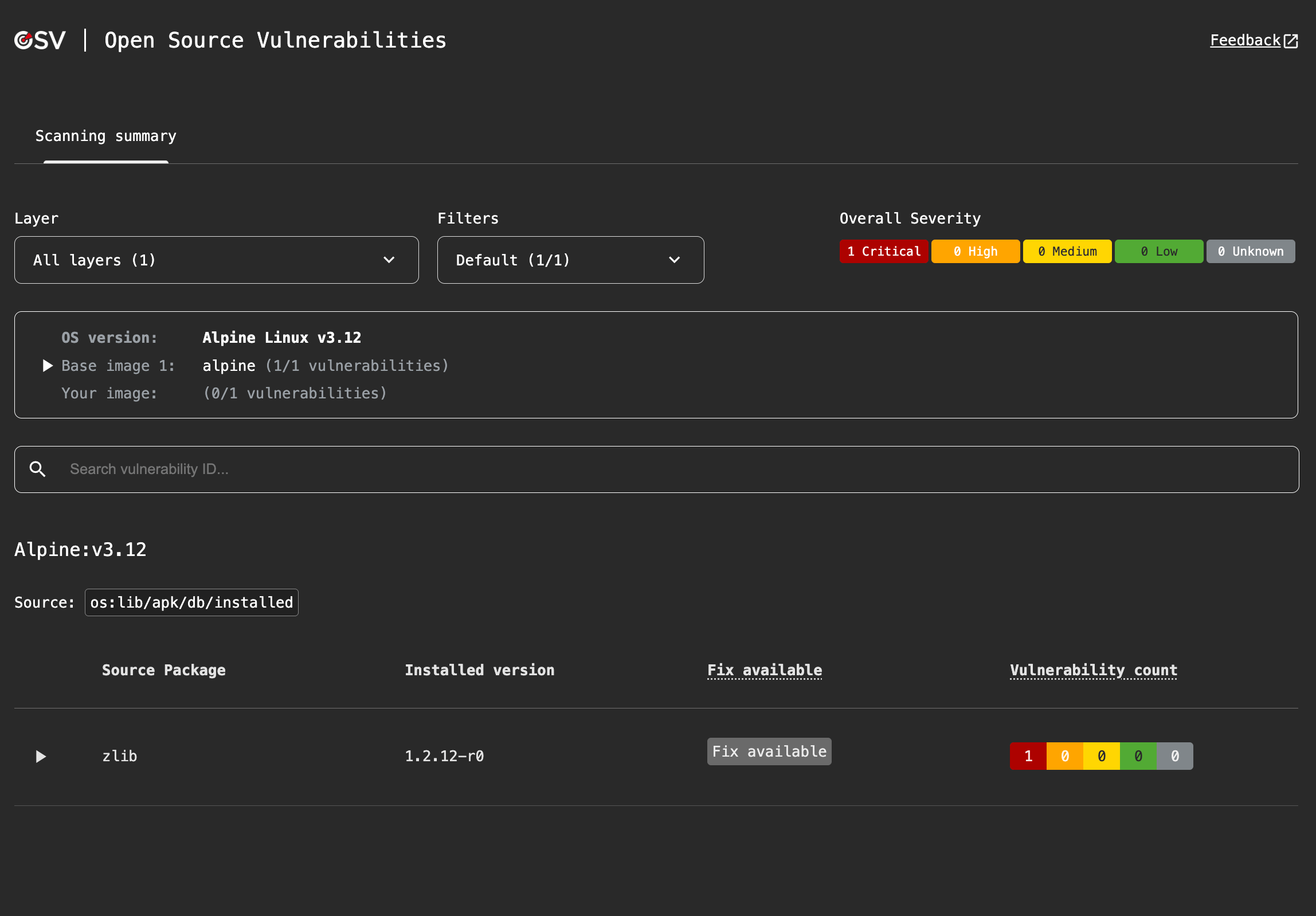 OSV-Scanner 容器镜像扫描 HTML 报告:Alpine v3.12 中 zlib 1.2.12-r0 命中 1 个 Critical(官方截图)