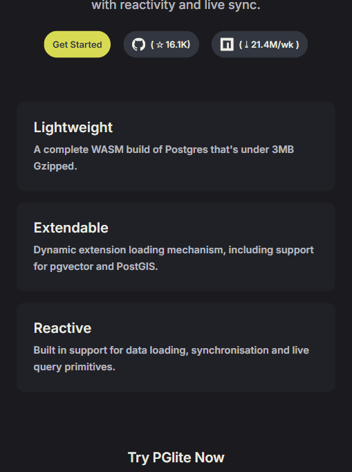 PGlite 官网三大特性：Lightweight / Extendable / Reactive