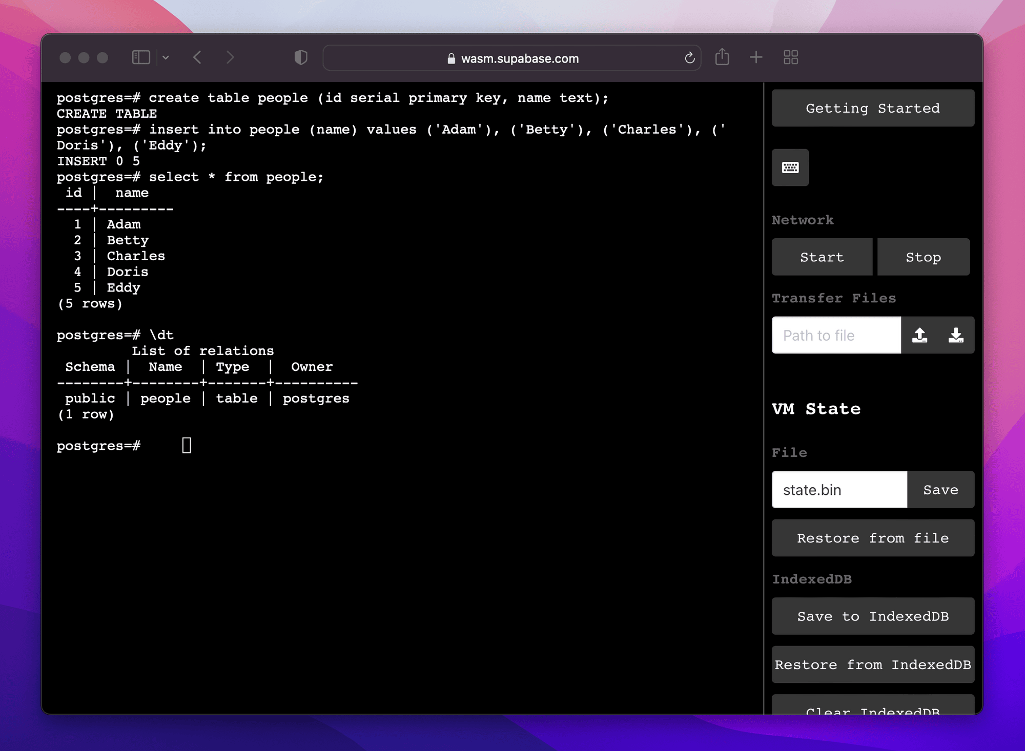 postgres-wasm 官方演示:浏览器标签页内运行 psql 并操作真实 Postgres
