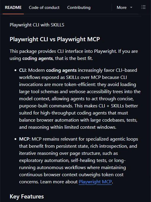 microsoft/playwright-cli README 截图:官方直接对比"CLI vs MCP"——CLI 以 SKILLs 暴露、省去载入庞大工具 schema 与可访问性树,更省 token;MCP 则保留持久状态与富内省,适合探索式自动化与自修复测试