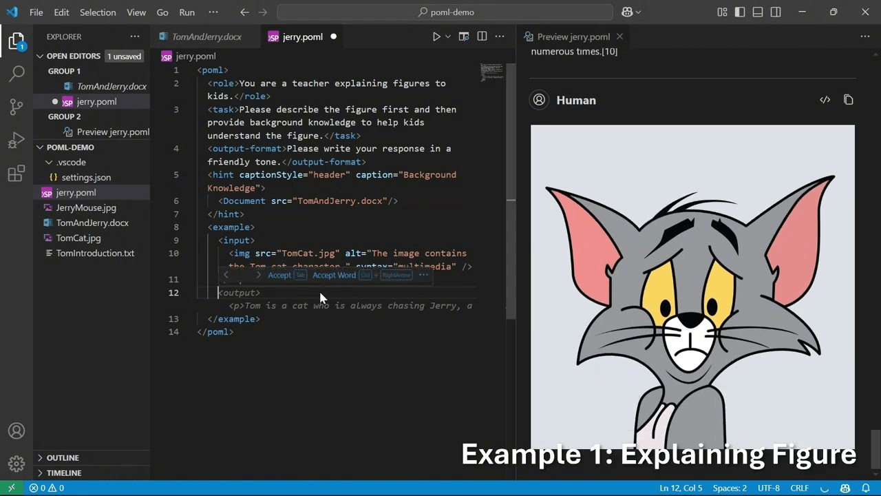 VS Code 中编辑 jerry.poml:左侧 <role>/<task>/<example>/<Document> 标签,右侧实时预览渲染出的图片(官方 5 分钟指南截图)