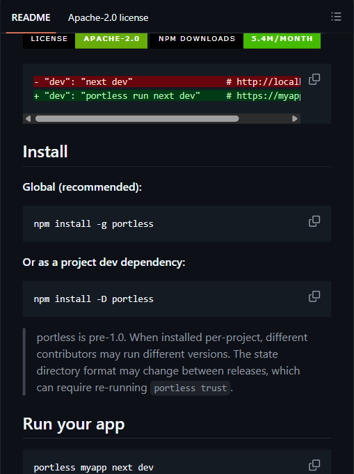 Portless 的核心 diff:把 "dev": "next dev" 换成 "dev": "portless run next dev",URL 从 localhost:3000 变成 myapp.localhost