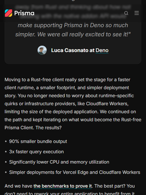 Prisma 7 官方公布的 Rust-free 客户端收益:包体积小 90%、查询快 3 倍、CPU/内存占用下降、Edge 部署更简单