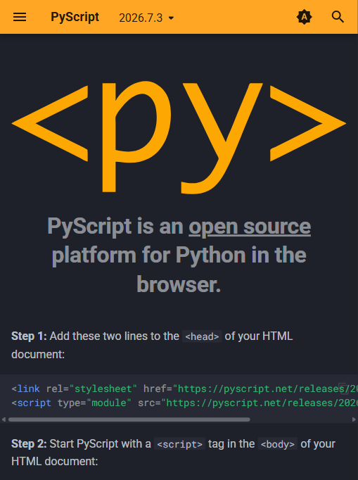 PyScript 官方文档首页:两行标签引入 core.css 与 core.js 即可在页面中运行 Python