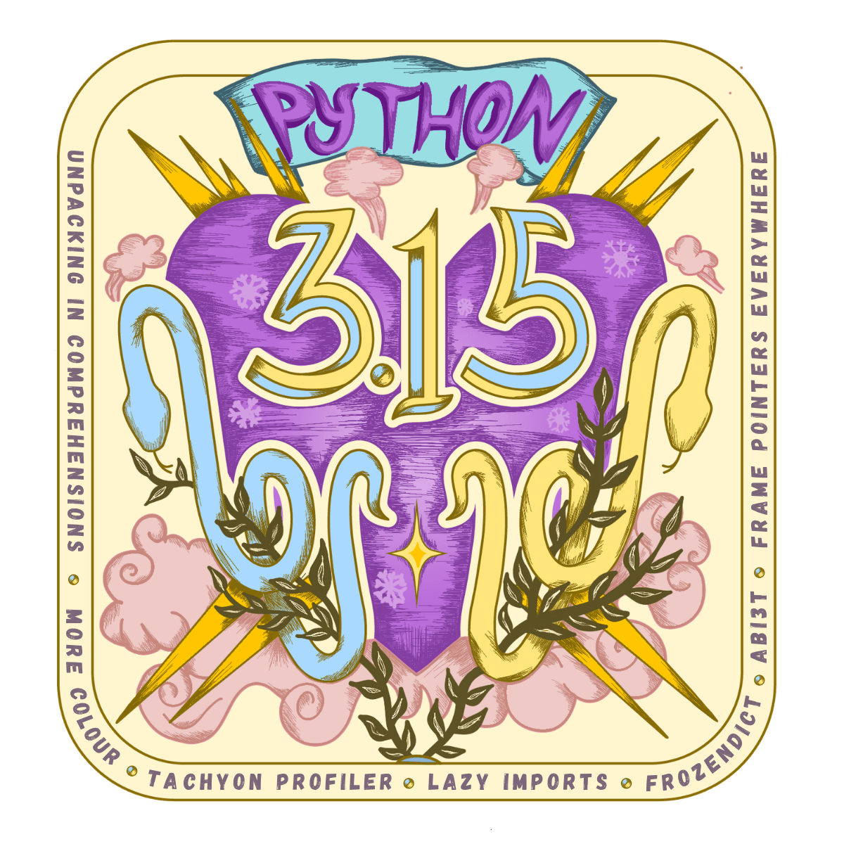 Python 3.15 官方发布艺术图:紫色心形内嵌 3.15,两侧为蓝黄双蛇,边缘环绕 Tachyon Profiler、Lazy Imports、Frozendict、ABI3t 等本版关键词