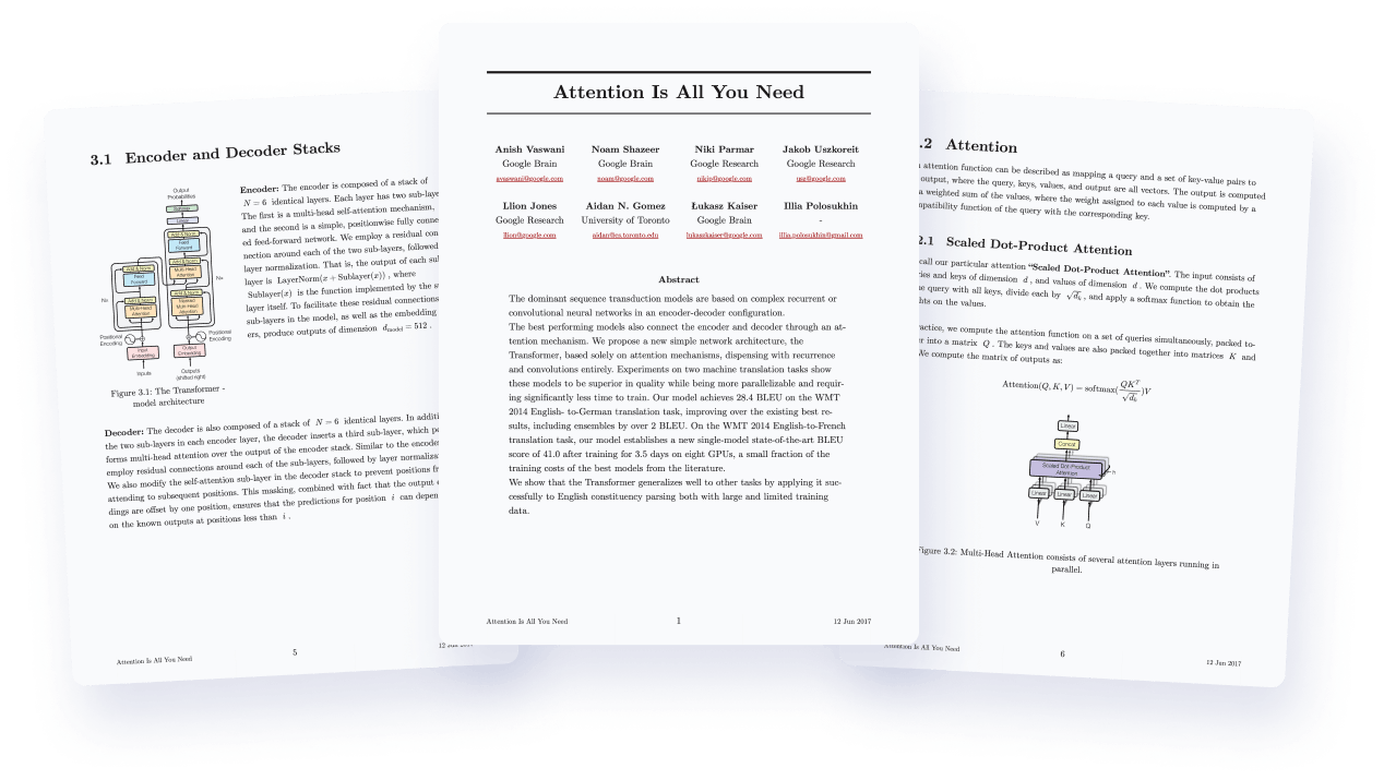 Quarkdown 的分页排版演示：用 Markdown 源文件复刻的《Attention Is All You Need》论文，含章节、作者列表、图表与页眉页脚