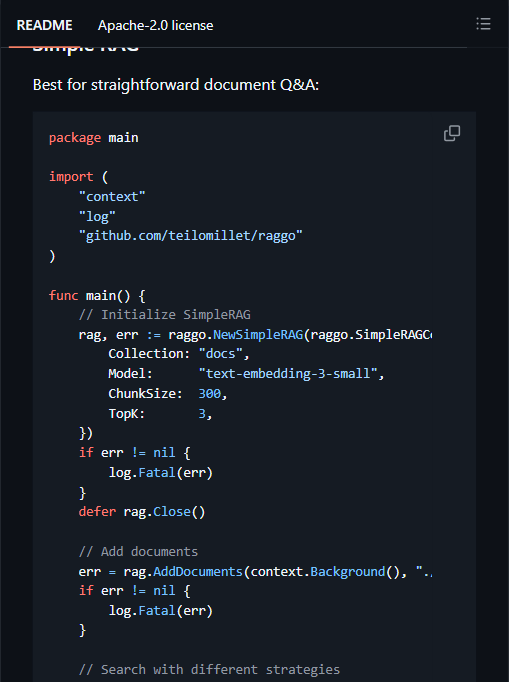 Raggo Simple RAG 的 Go 代码示例(NewSimpleRAG + AddDocuments + Search)