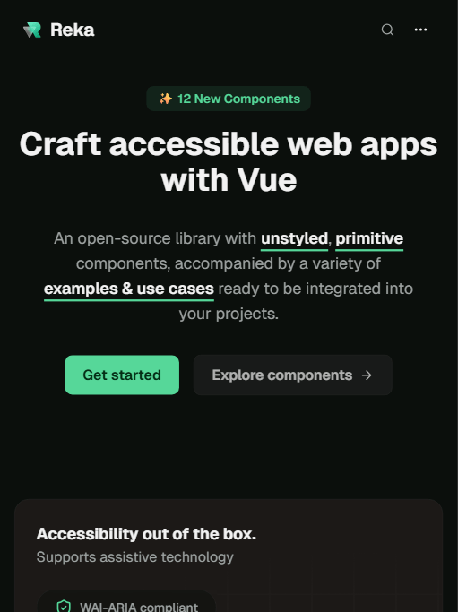 Reka UI 官网首页:"Craft accessible web apps with Vue"