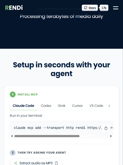 Rendi 官网"Setup in seconds with your agent"区块：一键 MCP 安装支持 Claude Code / Codex / Grok / Cursor / VS Code，终端命令为 claude mcp add --transport http rendi https://...，下方是"提取音频为 MP3"等 Agent 示例
