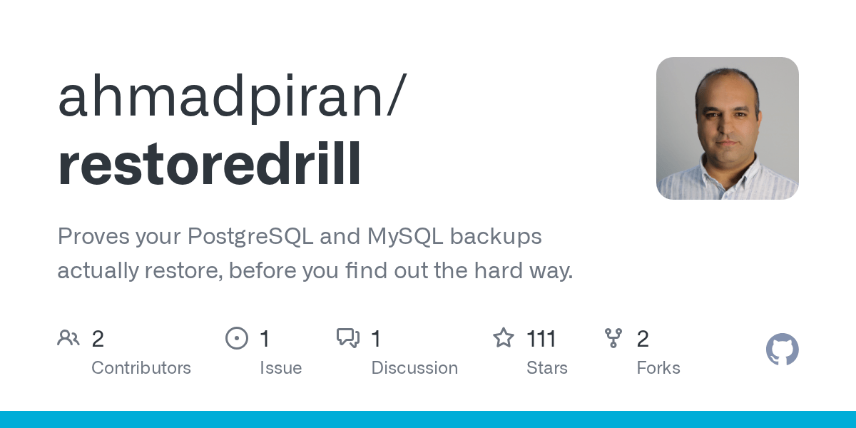 restoredrill 项目卡片:Proves your PostgreSQL and MySQL backups actually restore, before you find out the hard way(官方)