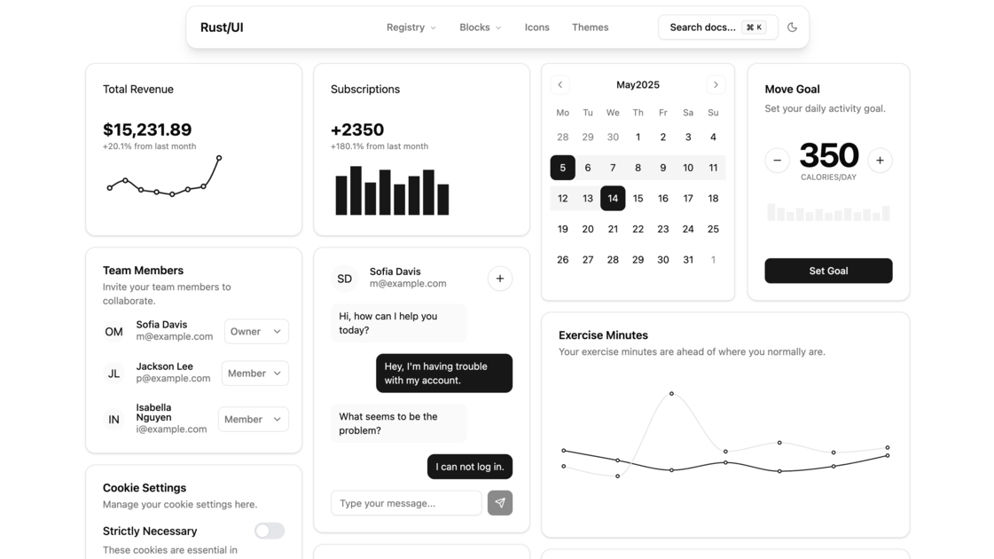 Rust/UI 官网 og 图:KPI 卡片、柱状图、日历、聊天气泡、折线图等组件拼贴(页面演示占位数据)