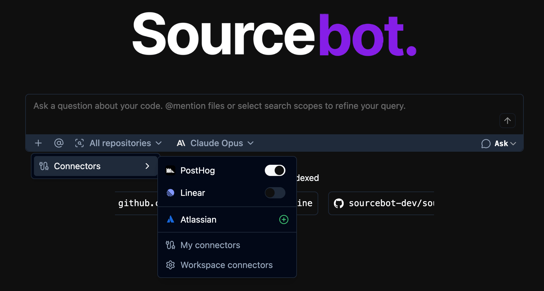 Ask 页面的 Connectors 菜单:PostHog、Linear、Atlassian 可按会话启用或关闭(官方文档截图)