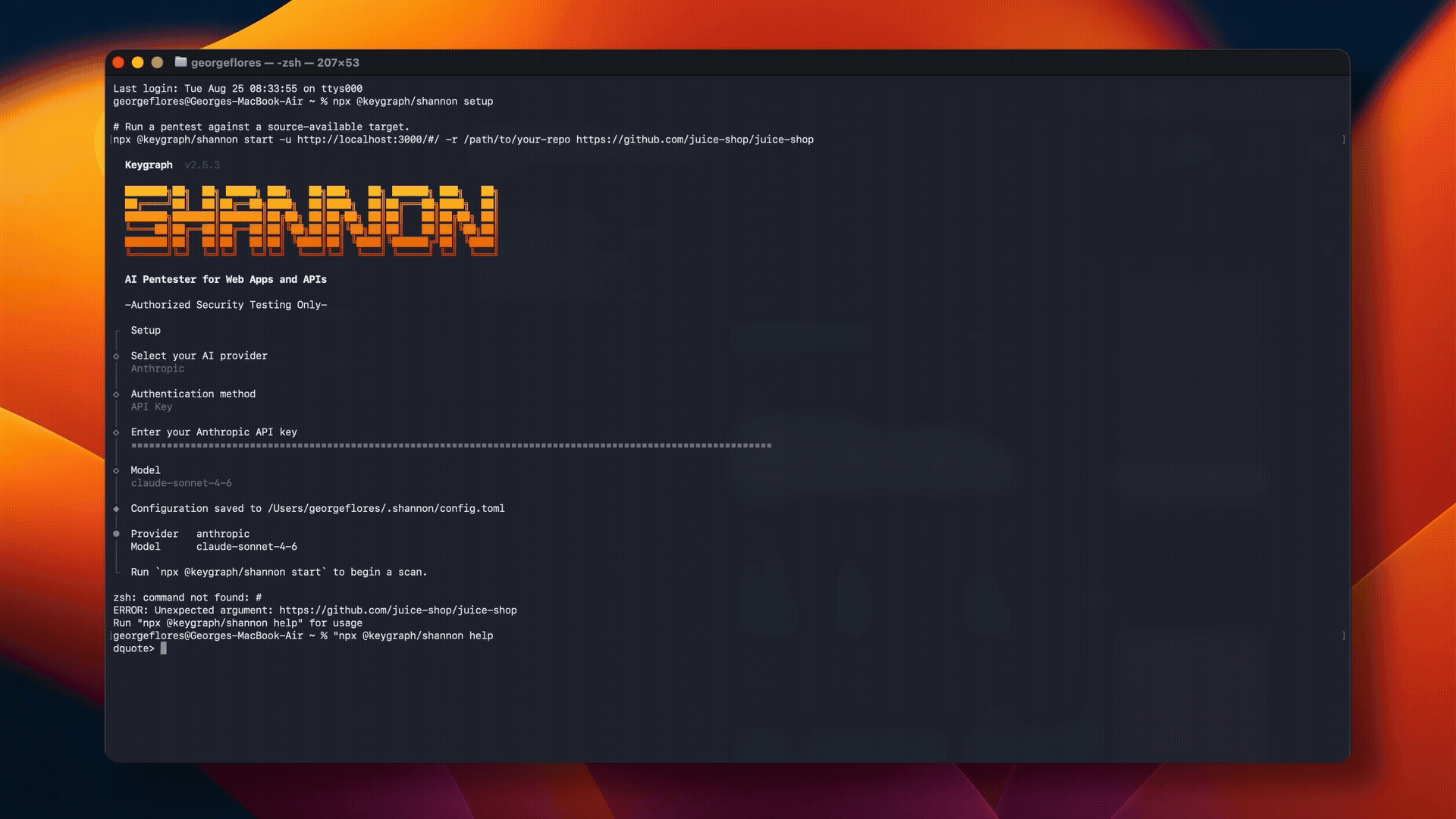 Shannon 的交互式启动器:选择 AI 提供商与模型后写入 ~/.shannon/config.toml,仅授权测试使用
