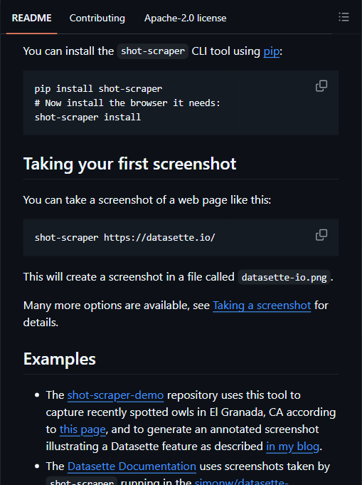 shot-scraper README 截图:pip 安装与浏览器初始化命令、首个截图命令 shot-scraper https://datasette.io 生成 datasette-io.png,以及真实用例(Datasette 文档、自动拍猫头鹰)