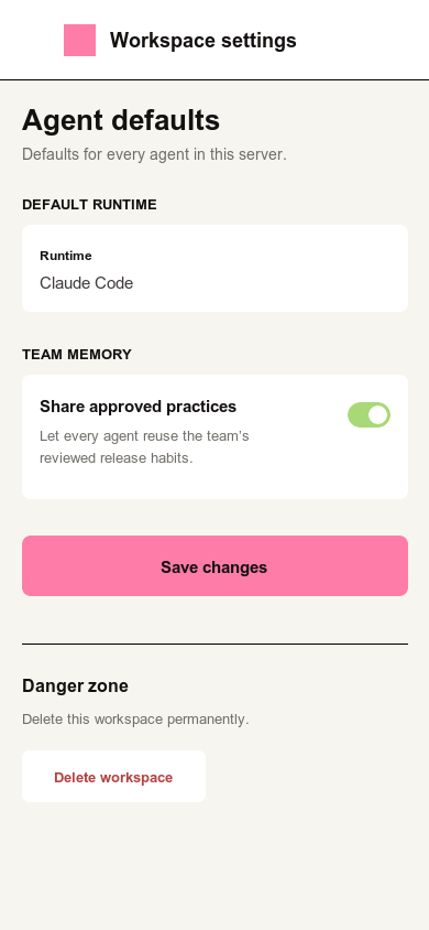 Raft 工作区设置:Agent defaults 里默认 Runtime 为 Claude Code,Team Memory 开关开启后所有 agent 可复用团队沉淀的发布习惯