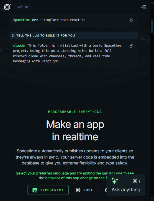 Spacetime 官网:Programmable Everything——服务器代码嵌入数据库、客户端自动同步