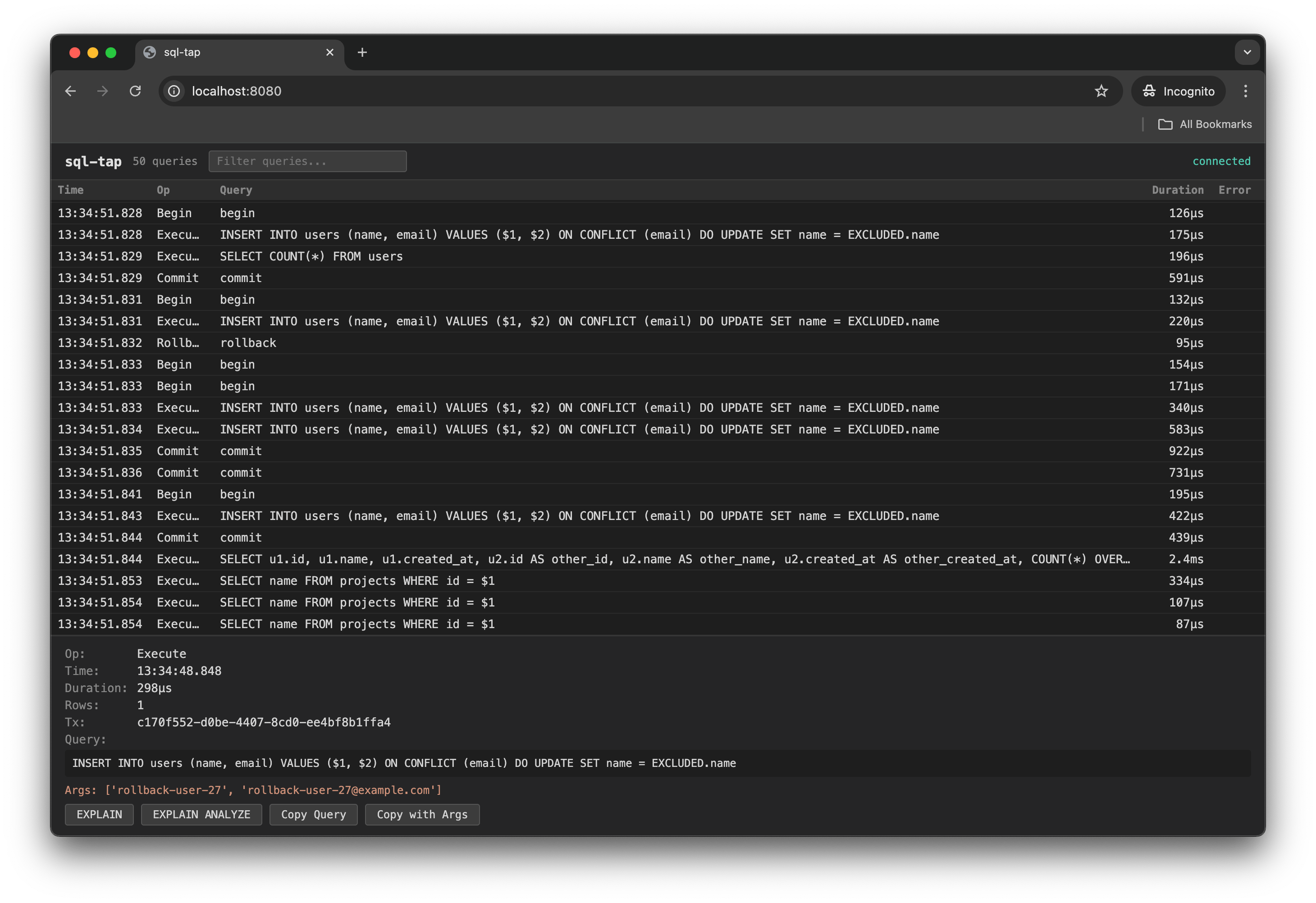 sql-tap 的 Web UI:50 条查询实时流,按事务 ID 分组,可一键 EXPLAIN / EXPLAIN ANALYZE