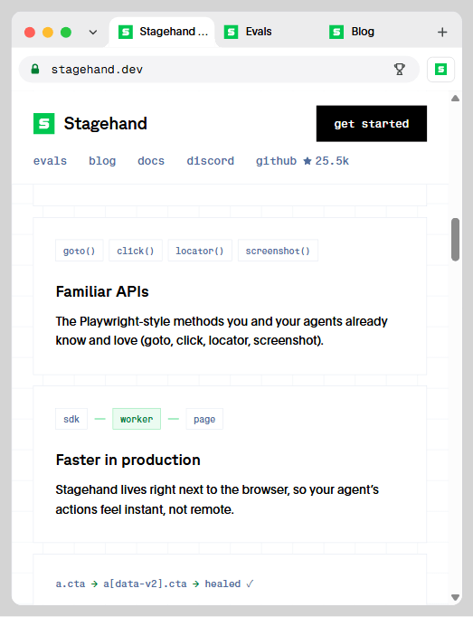 Stagehand 的分层：熟悉的 API、sdk-worker-page 架构、自修复选择器