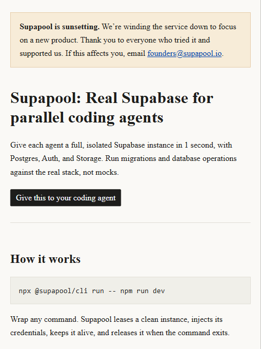 Supapool 官网首页：顶部黄色横幅明确宣布服务正在停服（sunsetting）