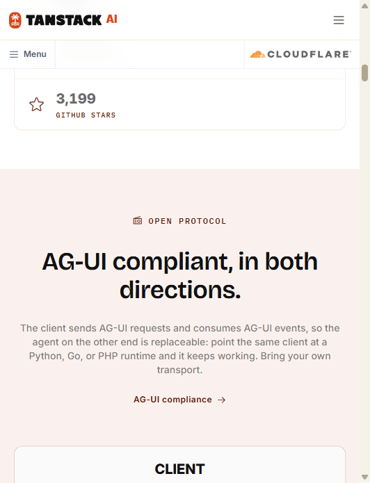 TanStack AI 官网的 Open Protocol 区块:AG-UI compliant, in both directions,页面展示约 3,199 GitHub stars
