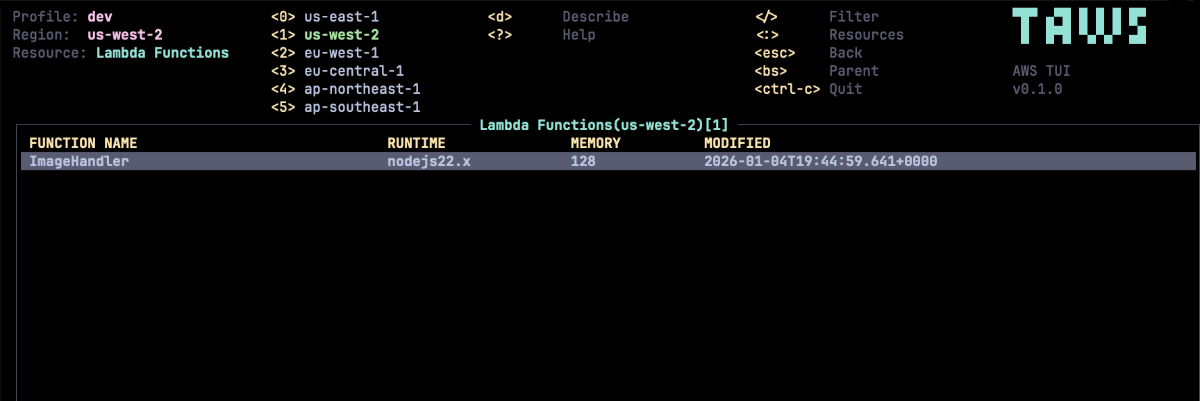 taws 的 Lambda 函数视图:运行时、内存、修改时间一目了然