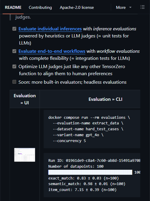 TensorZero 的 LLM 评估能力与一次 CLI 评估运行输出(exact_match 0.83、semantic_match 0.98)