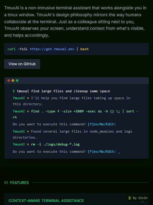 TmuxAI 首页：用自然语言"find large files and cleanup"，助手生成命令并在执行前征求确认