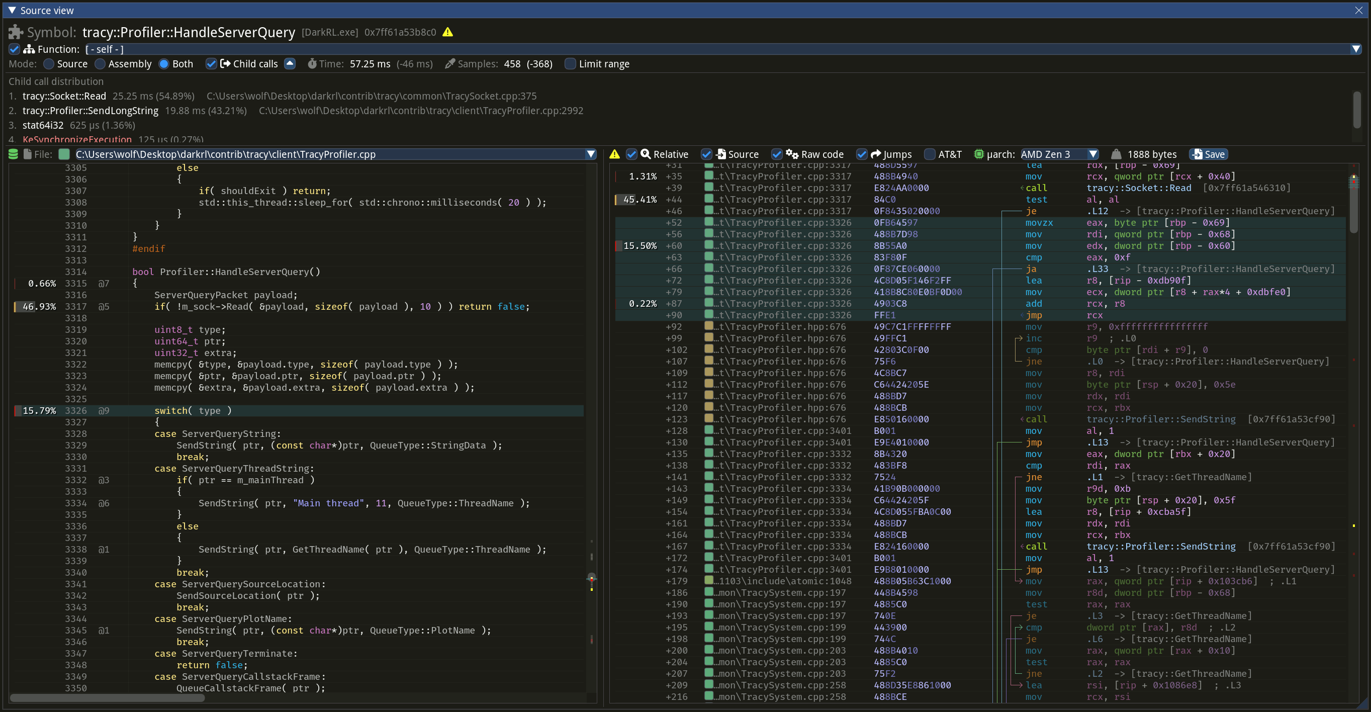 Tracy 的源码/汇编对照视图：针对 tracy::Profiler::HandleServerQuery（DarkRL.exe），左侧 C++ 源码按行标注热点百分比（如某行 45.41%），右侧为对应的 AT&T 语法汇编与调用分支