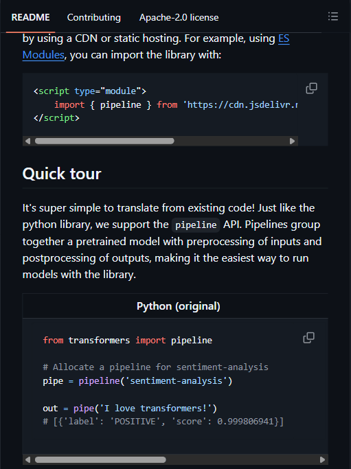 官方 README 的 Quick tour：Python（original）代码块——JS 版与其逐行对应（GitHub 仓库实时截图）