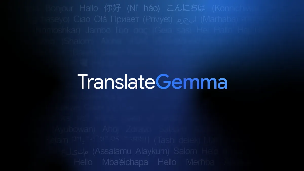 TranslateGemma 官方头图：深色背景上叠加多语言问候语纹理，中央为 TranslateGemma 字样