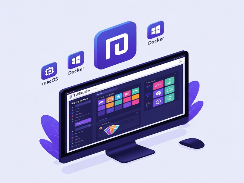 官方宣传图：TUIStudio 的深色编辑器（组件面板、主题切换、实时画布），以及 macOS / Windows / Docker 三端分发