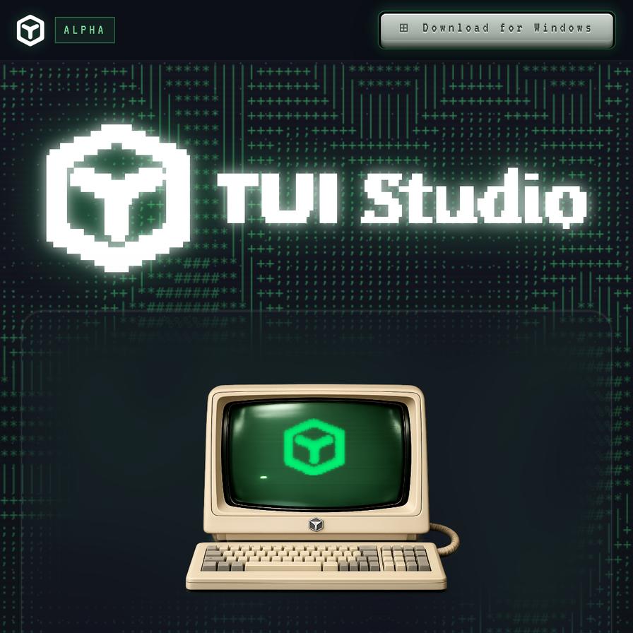 TUIStudio 官方主视觉：复古 CRT 终端里的像素风 Logo，当前为 Alpha 阶段
