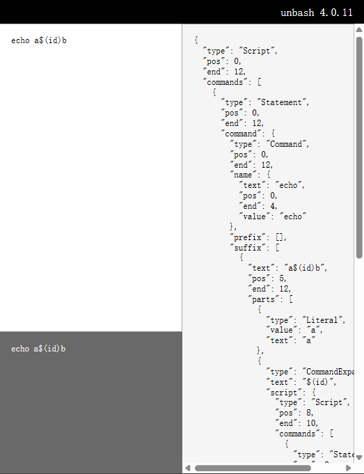 unbash playground：左侧输入 echo a$(id)b，右侧输出带 pos/end 源码位置的类型化 AST