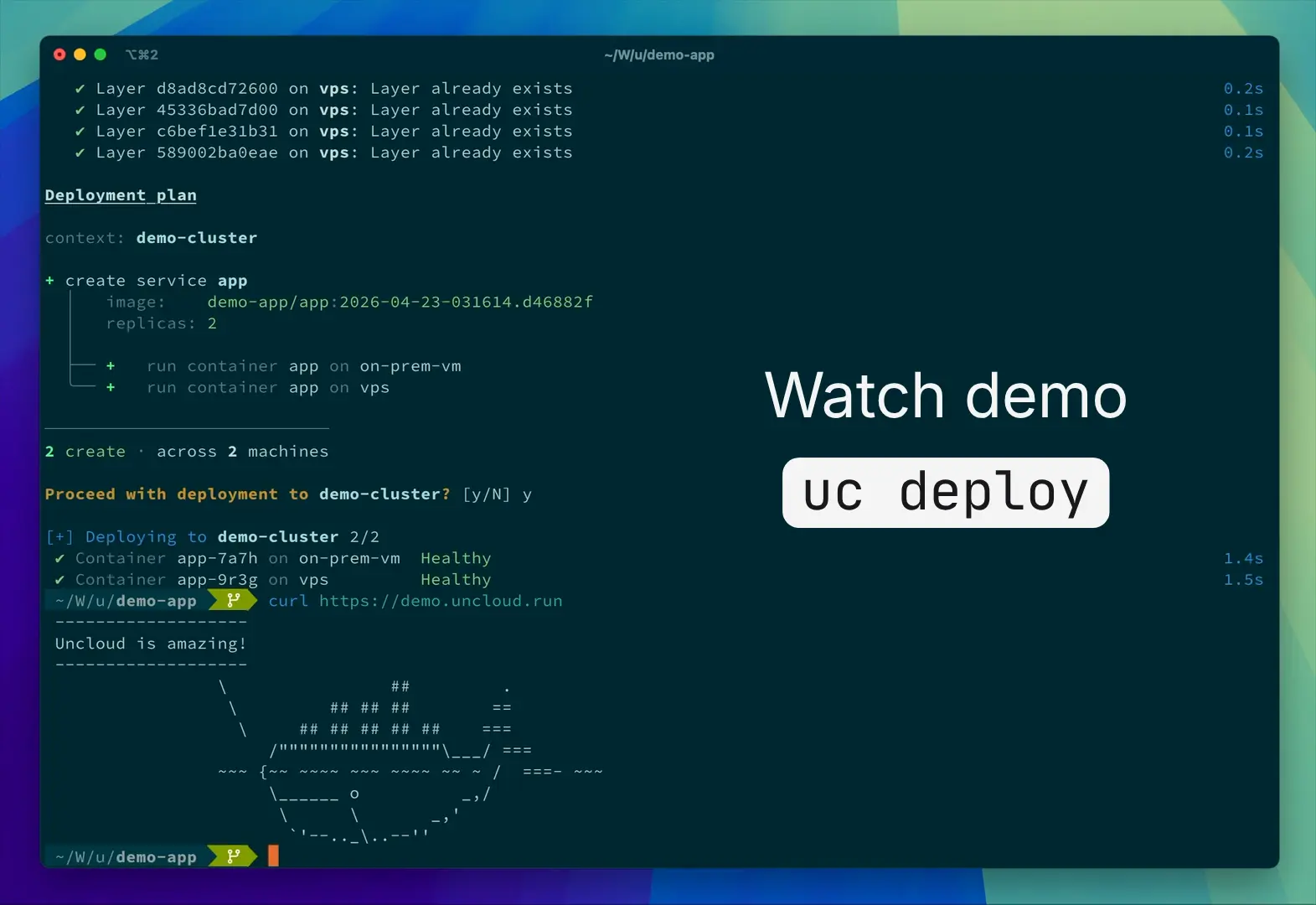 uc deploy 终端演示:镜像层命中缓存、展示 deployment plan(2 副本分布到 2 台机器),确认后滚动上线并通过健康检查