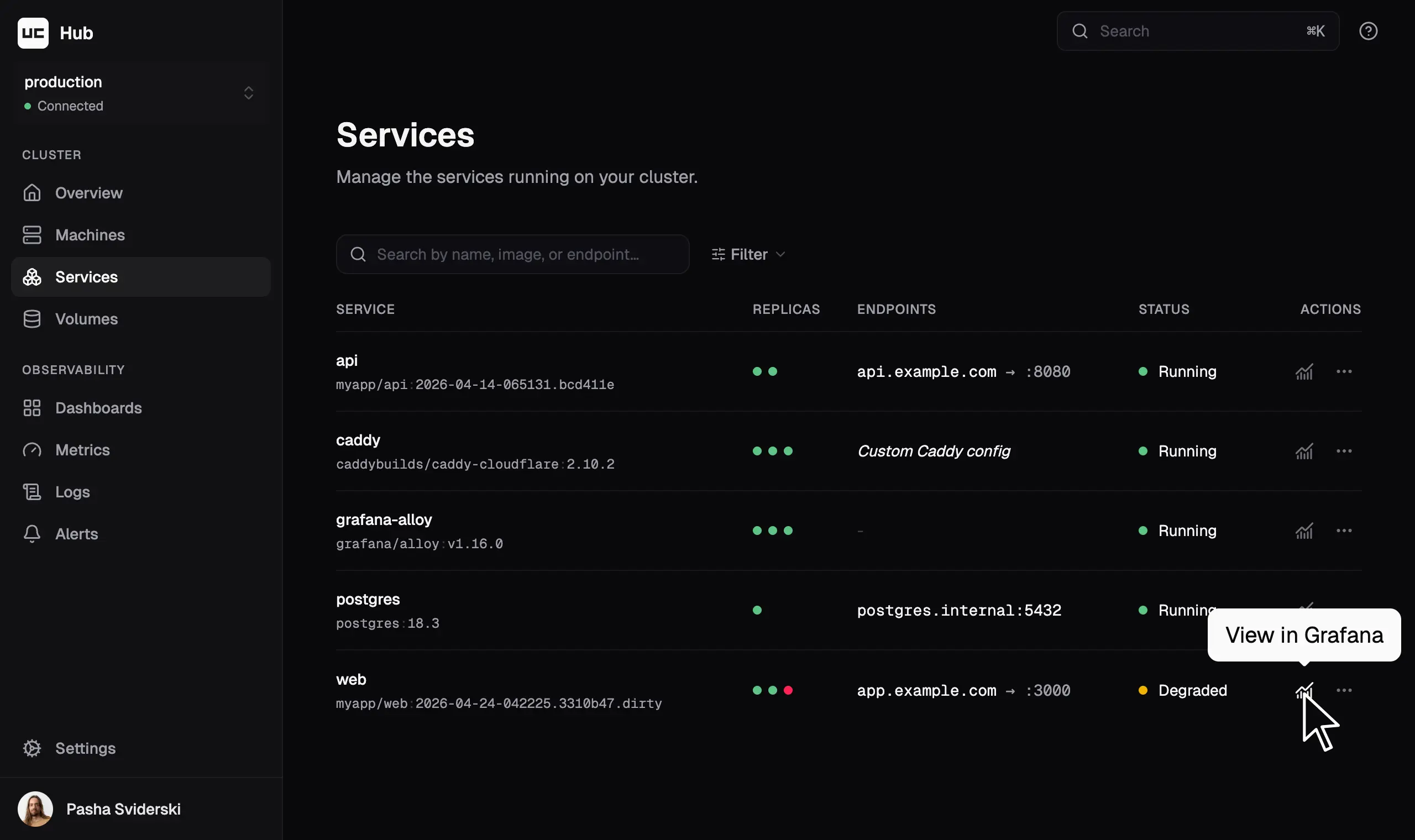 Uncloud Hub 服务列表界面:api、caddy、grafana-alloy、postgres、web 等服务的副本数、端点与运行状态,web 显示 Degraded