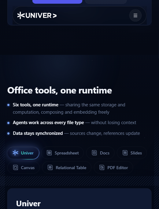Univer 的六类工具：Spreadsheet、Docs、Slides、Canvas、Relational Table、PDF Editor