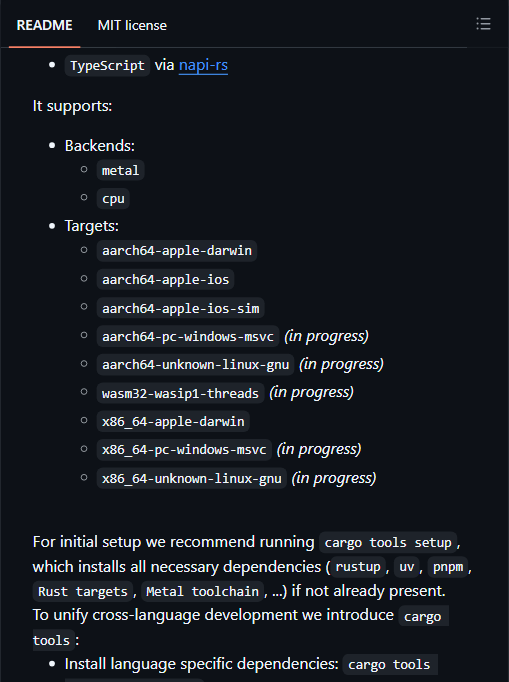 uzu 支持的后端(metal / cpu)与目标平台:Apple 已就绪,Windows / Linux / Wasm 仍在进行中