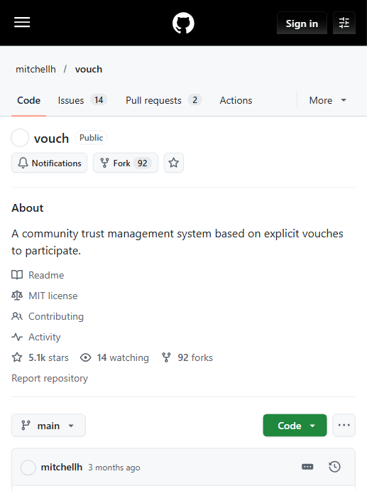 mitchellh/vouch 仓库主页:约 5.1k stars、MIT 协议、main 分支(官方截图)
