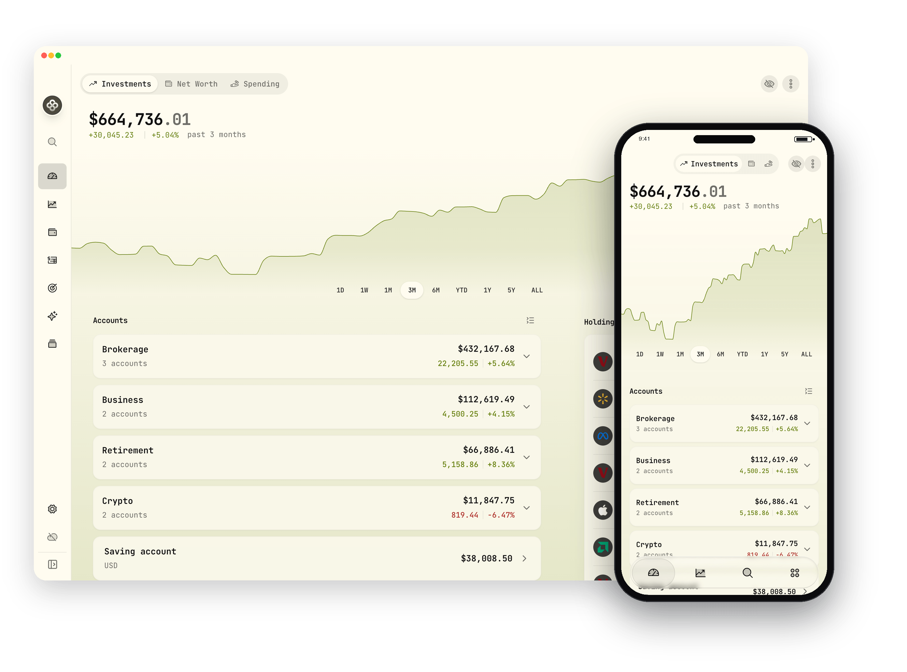 Wealthfolio 投资总览:桌面与手机并列展示组合市值、3 个月收益与分账户(券商/经营/退休/加密/储蓄)余额