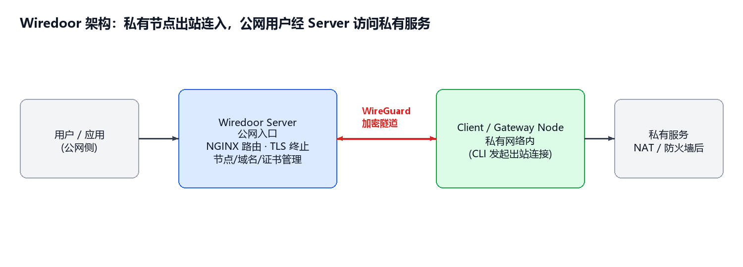 Wiredoor 架构：用户经公网 Server、通过出站 WireGuard 隧道访问私有服务