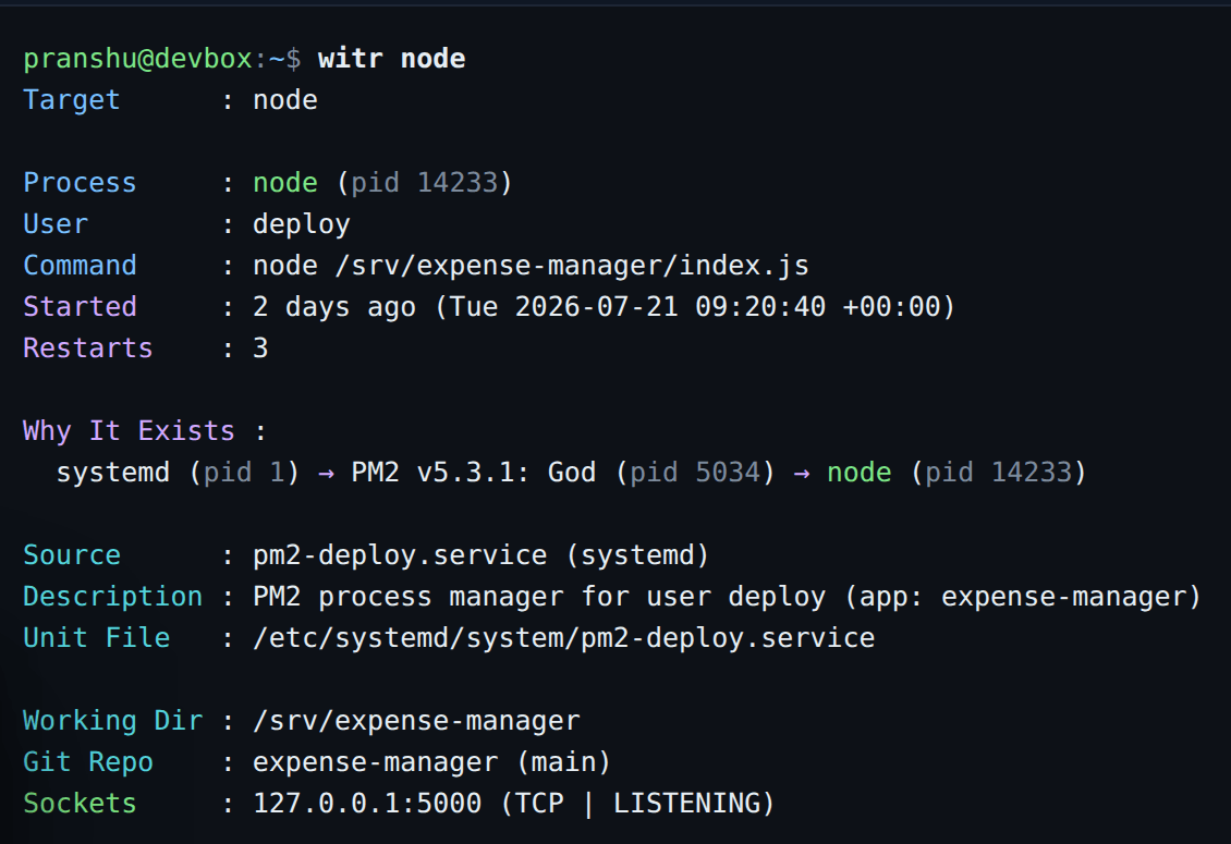 witr CLI 报告:witr node 输出进程详情与 systemd → PM2 → node 因果链