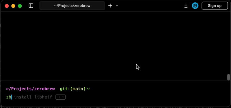 ZeroBrew 终端演示:用 zb install libheif 安装包,命令与 brew 几乎一致